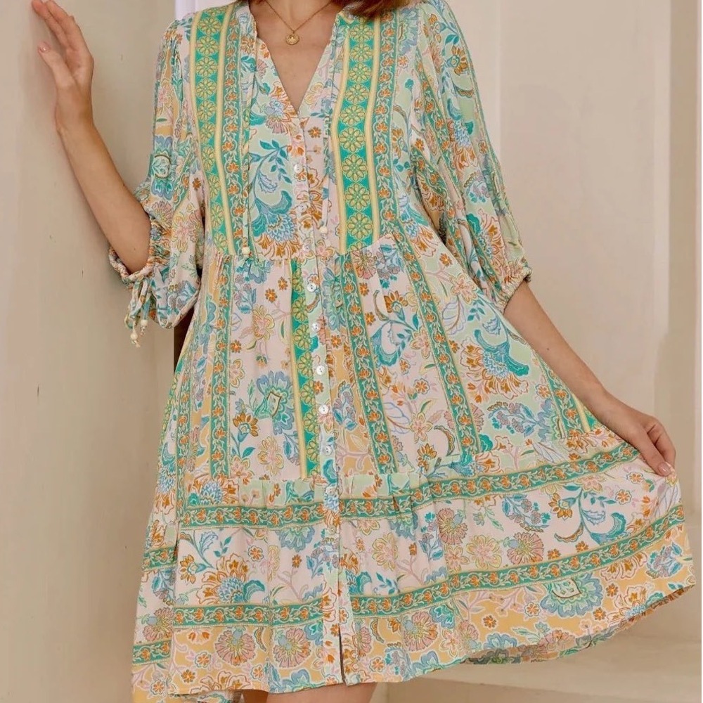 Petal and Pup Floral Boho Mini Dress Orange Teal Puff Sleeve Tiered Size L